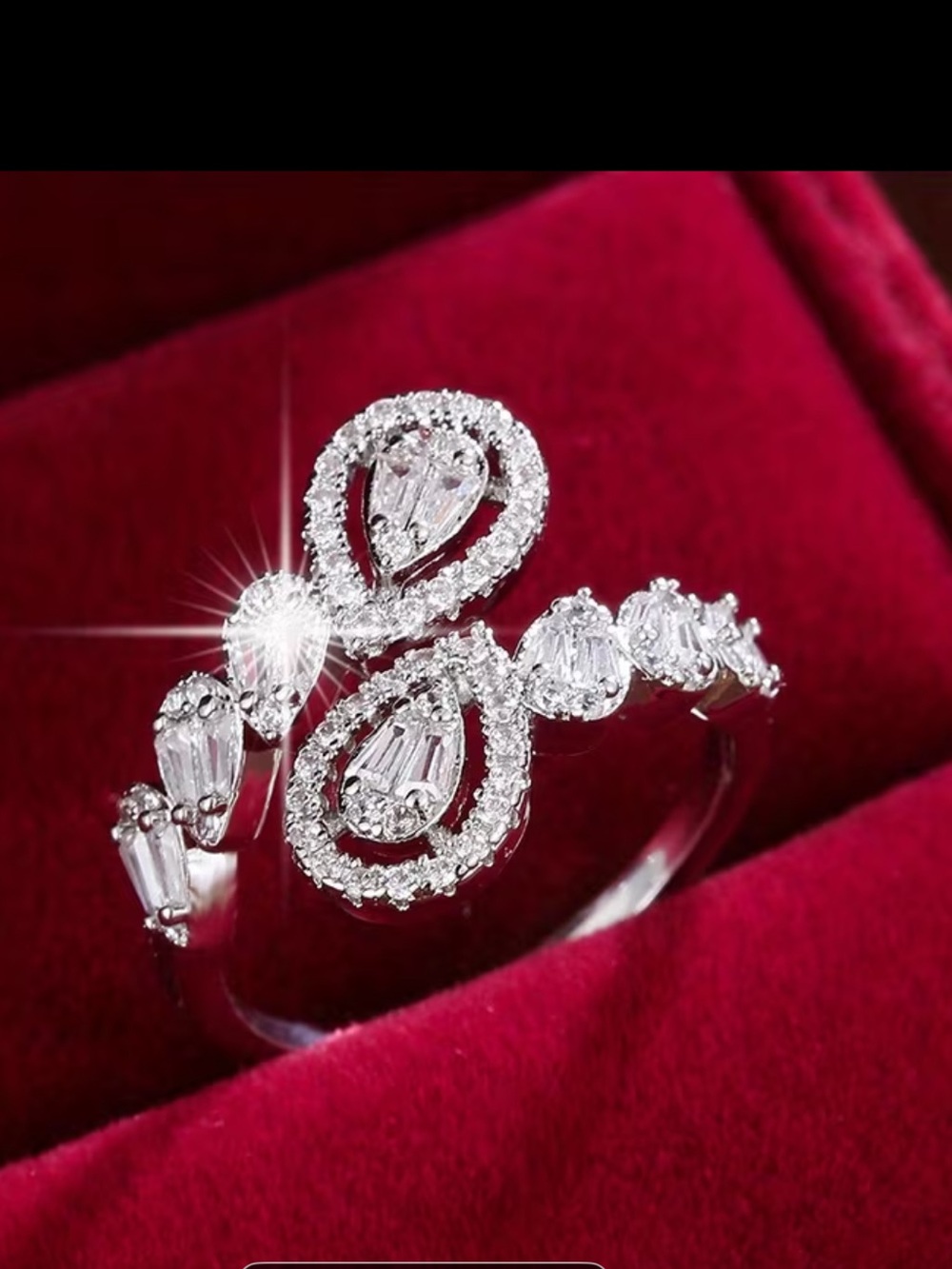 Elegant White Teardrop Halo Ring with Clear Baguette Accents